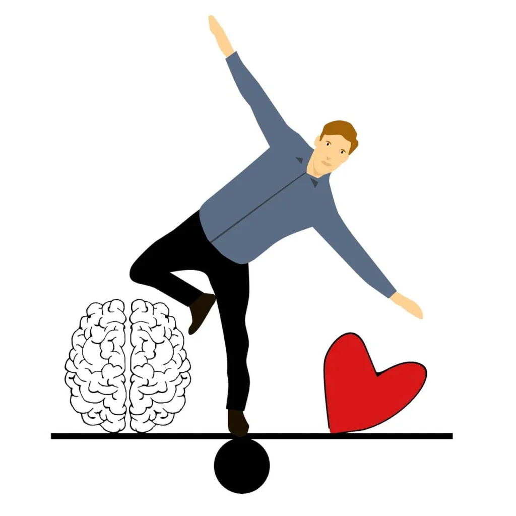 Dibujo de Persona haciendo equilibrios entre el cerebro y el corazón 