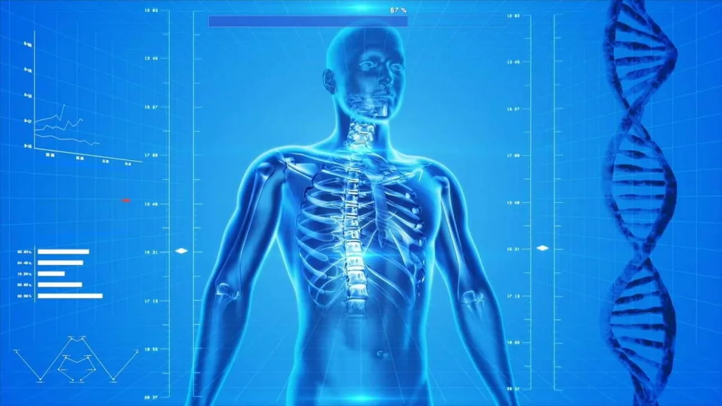 Radiografía azulada mostrando interior del cuerpo humano